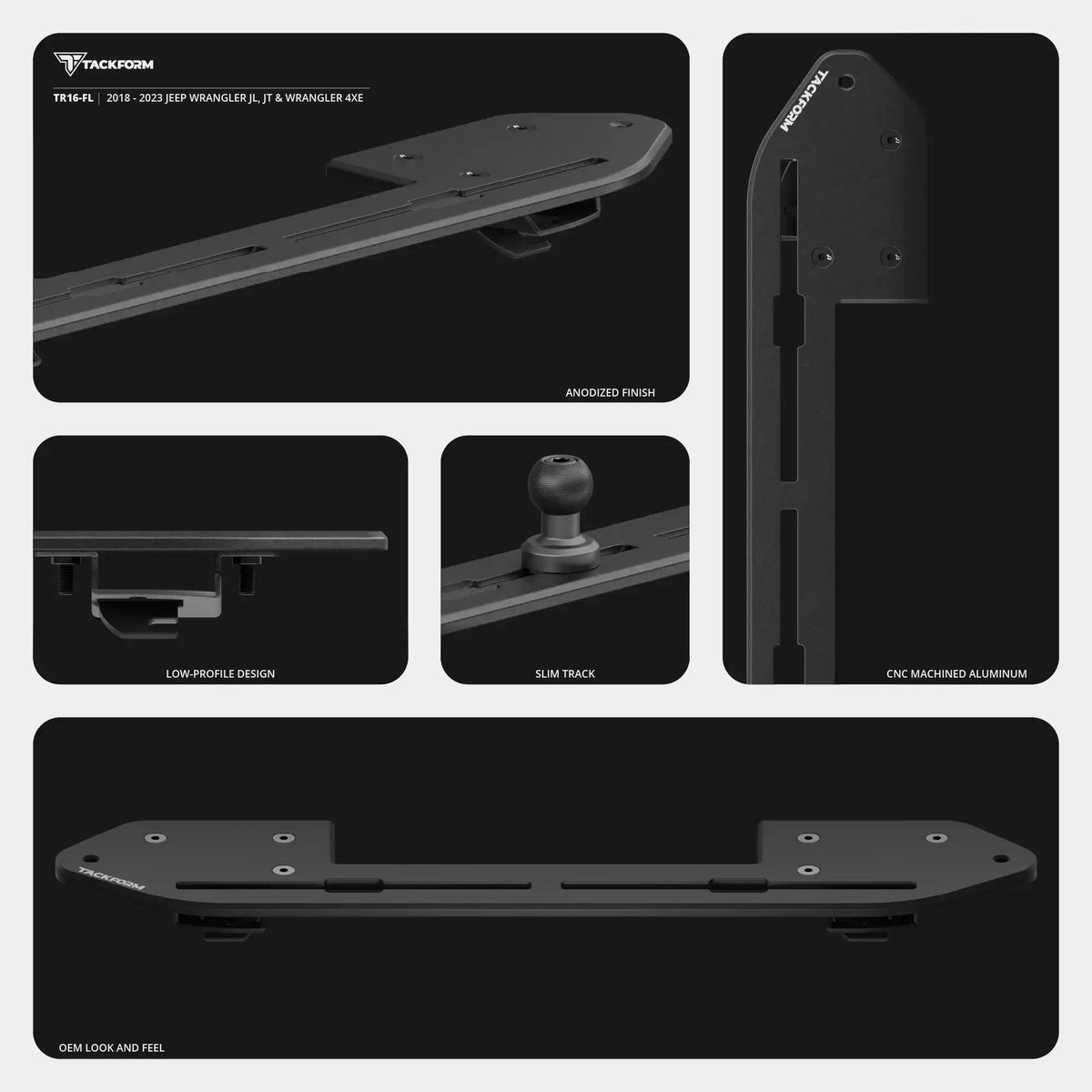 2018-2023 Jeep Wrangler JL/4xe & Gladiator Tackform Slim Track Dash Bracket With MagSafe & GoPro Mounts - Xtrusion Overland