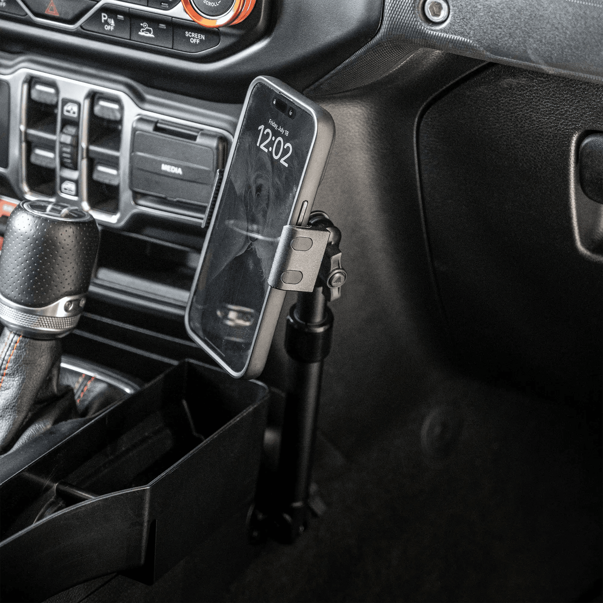 2018-2026 Jeep Wrangler JL/4xe & Gladiator JT LINK™ Console Screw Mount with Qi Wireless Charging Phone Holder & Customizable LED Accent Lighting | 9.5"- 13" Telescoping Arm - Xtrusion Overland