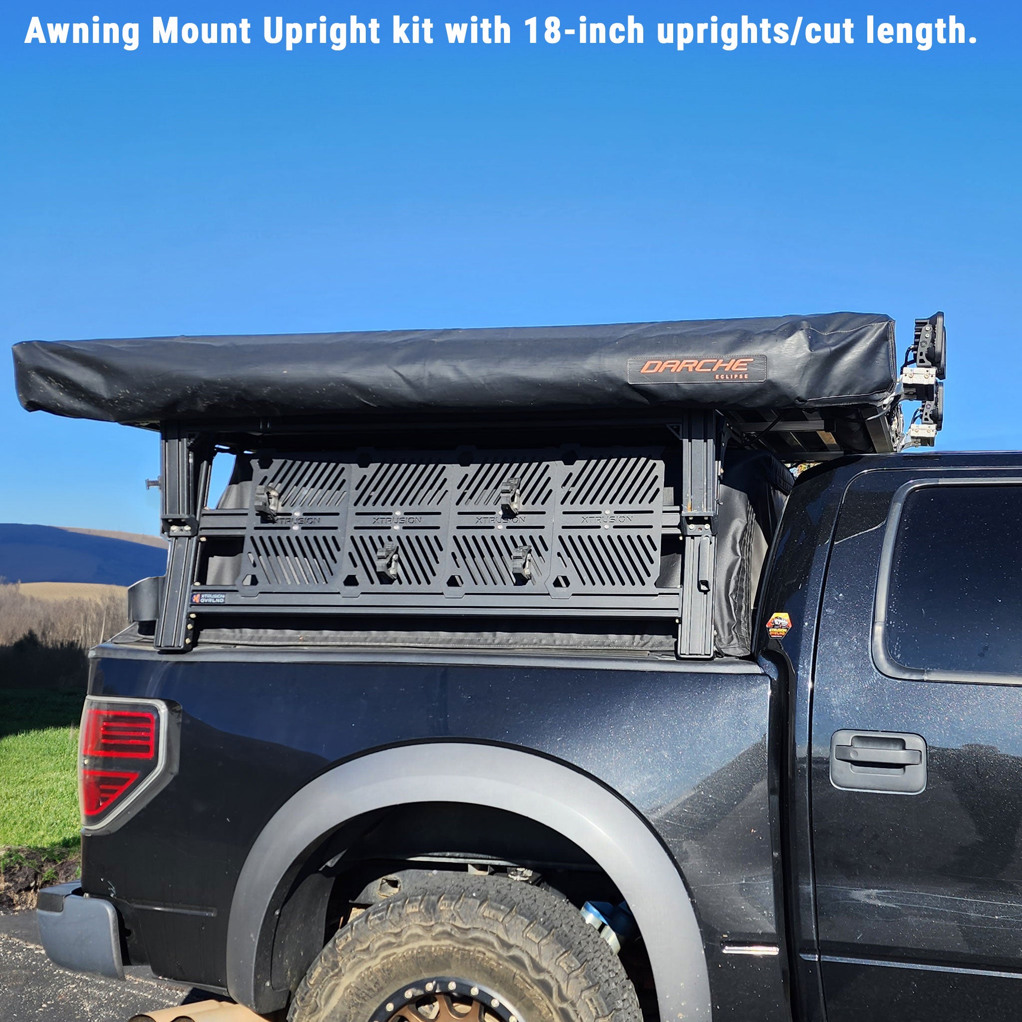 XTR Awning Mount Upright Sub-structure kit with 18-inch uprights, 270 Awning attached and on a full size Xtrusion truck bed rack at the 13.3 degree angle.