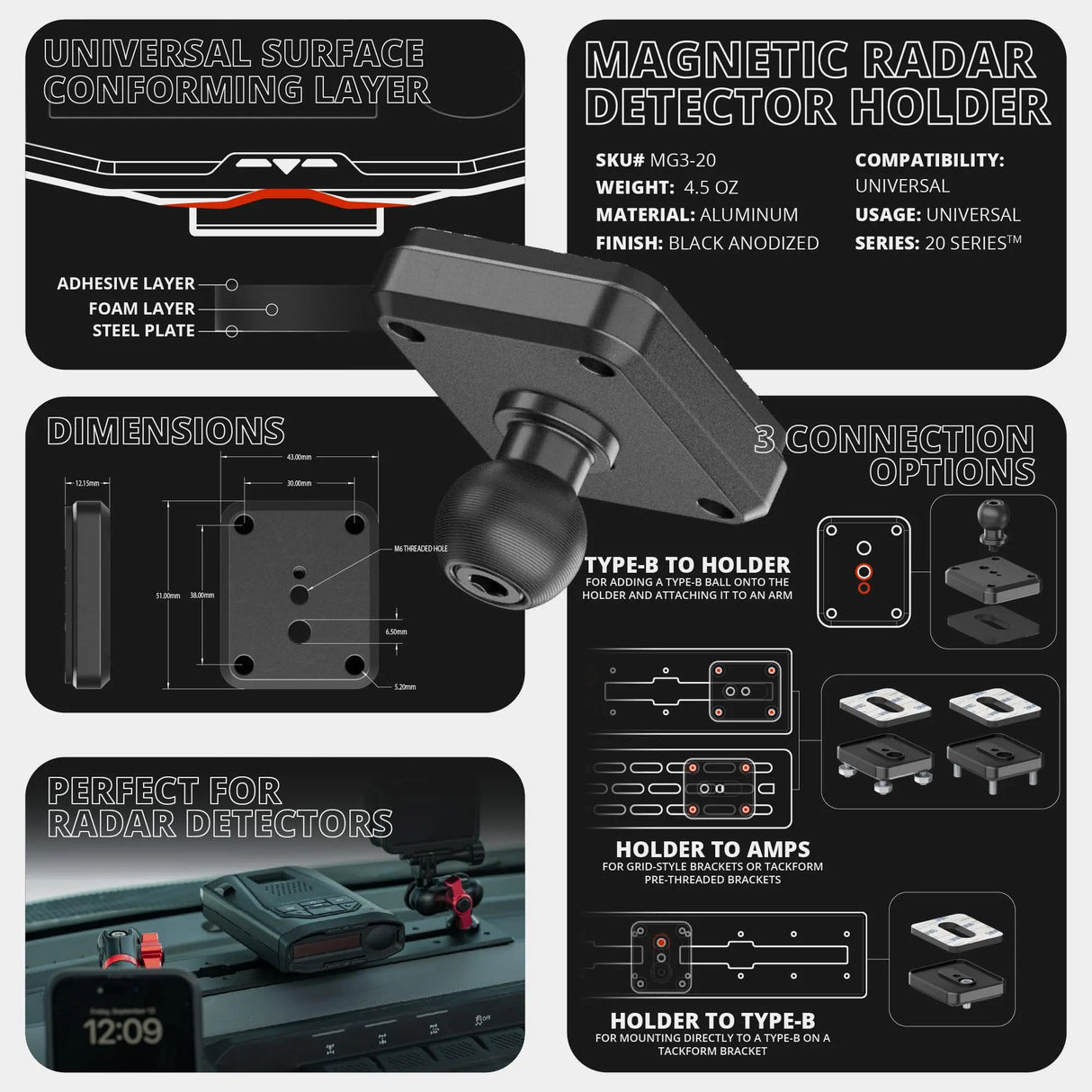 2024+ Ford F-150 (See Compatibility Info For Specific Year/Trim Fitment Details) Tackform Slim Track Dash Bracket With MagSafe Phone Mount and Magnetic Radar Detector Holder | Telescoping Arm