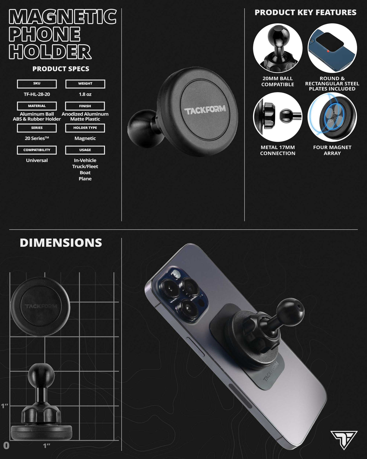 Magnetic Phone Holder | 7.5"-9.25" Telescoping Arm | 20mm Fast Track Ball