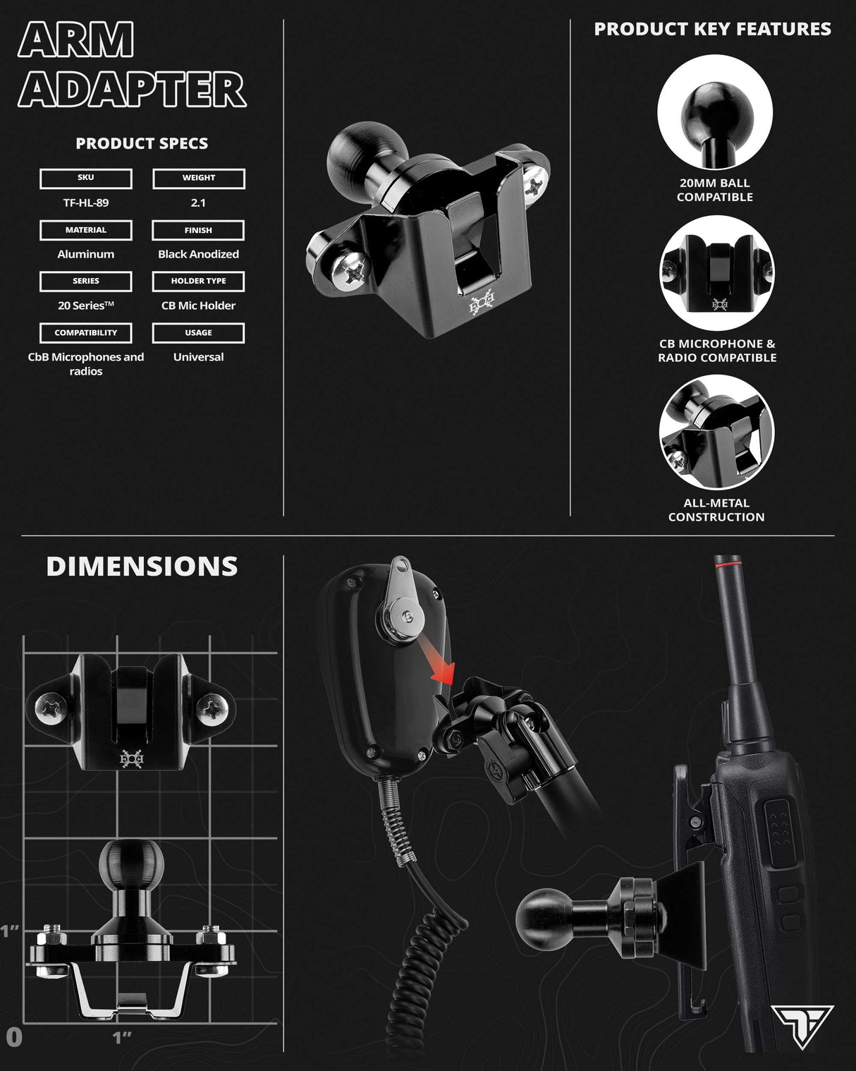 CB Mic/ Radio Holder | 7.5"-9.25" Telescoping Arm | 20mm Fast Track Ball