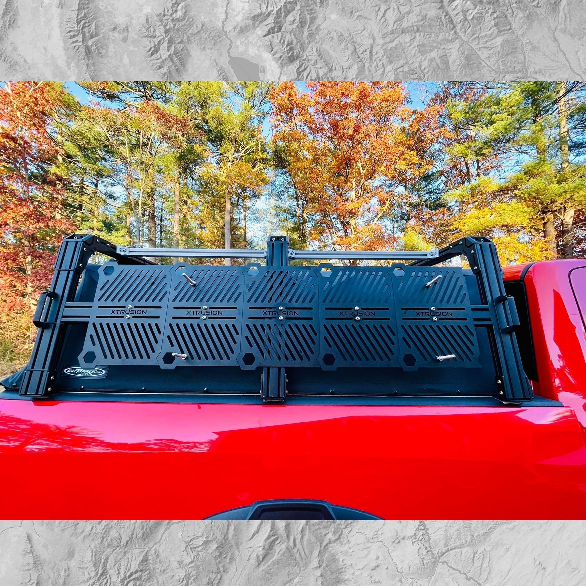 Dodge Ram with soft topper, XRT3 bed rack, and traction board bolts mounted into molle panels