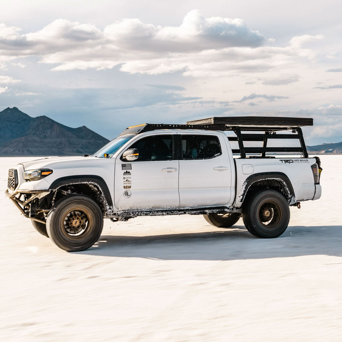 White Toyota Tacoma with XTR1 Bed Rack at the Salt Flats