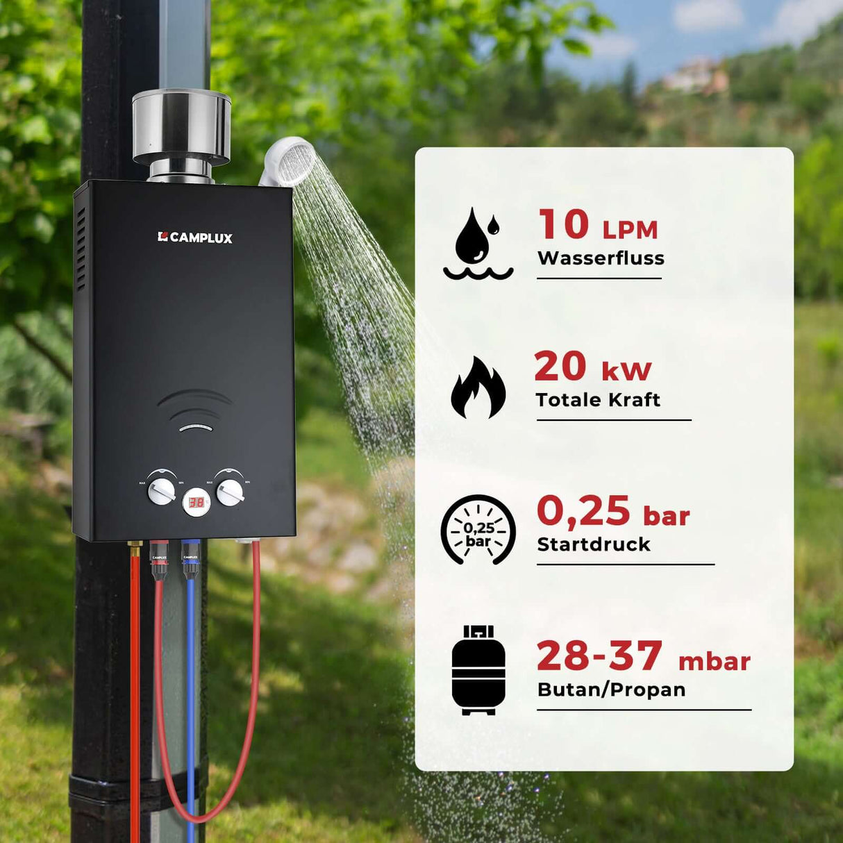 Camplux BW264BC 10 Liter Gasdurchlauferhitzer im Freien 50mbar, Tankless Gasdusche mit Edelstahl-Regenkappe, Propangas/Butangas, für Campingdusche/Wohnmobilausflug/Waschpferd - Xtrusion Overland
