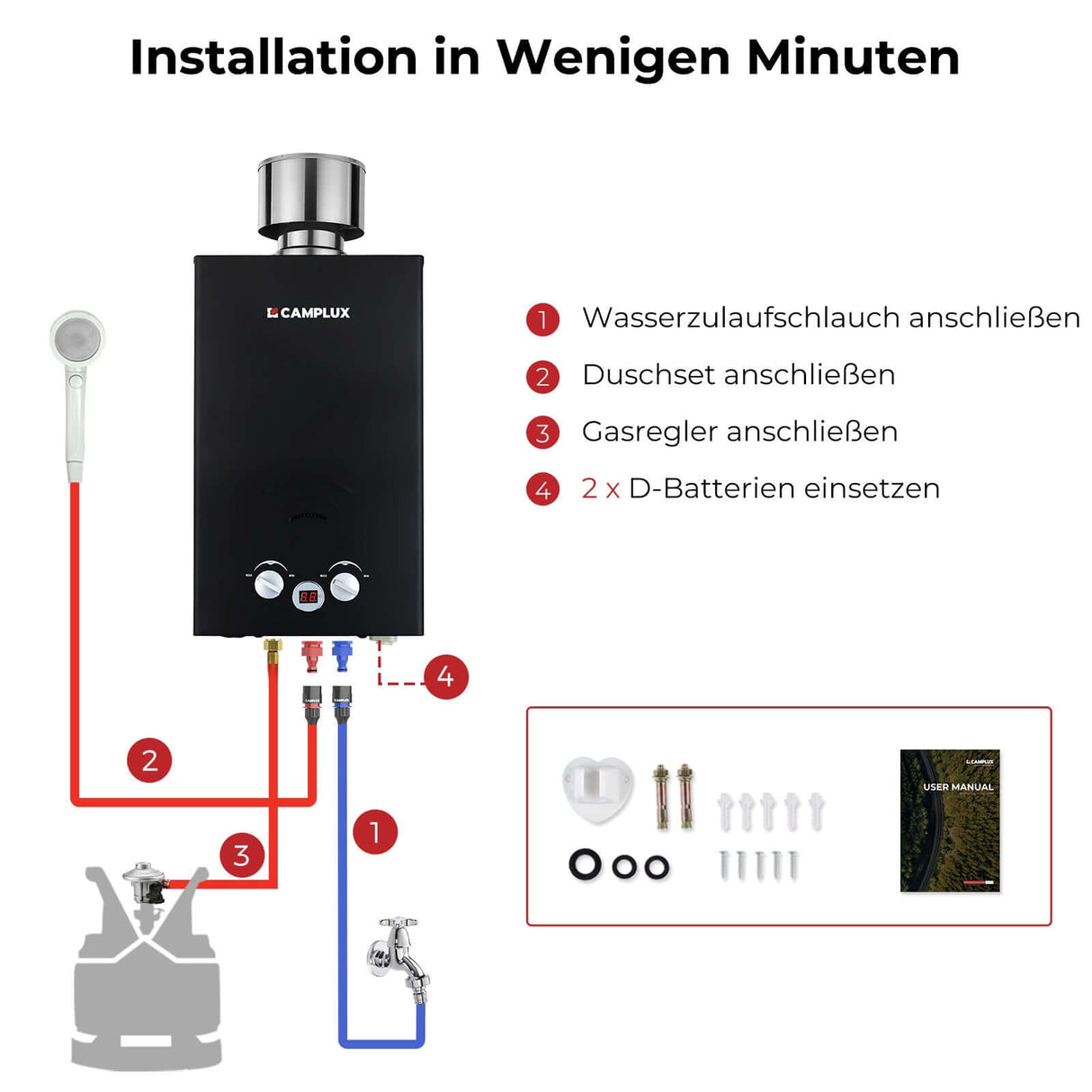 Camplux BW264BC 10 Liter Gasdurchlauferhitzer im Freien 50mbar, Tankless Gasdusche mit Edelstahl-Regenkappe, Propangas/Butangas, für Campingdusche/Wohnmobilausflug/Waschpferd - Xtrusion Overland