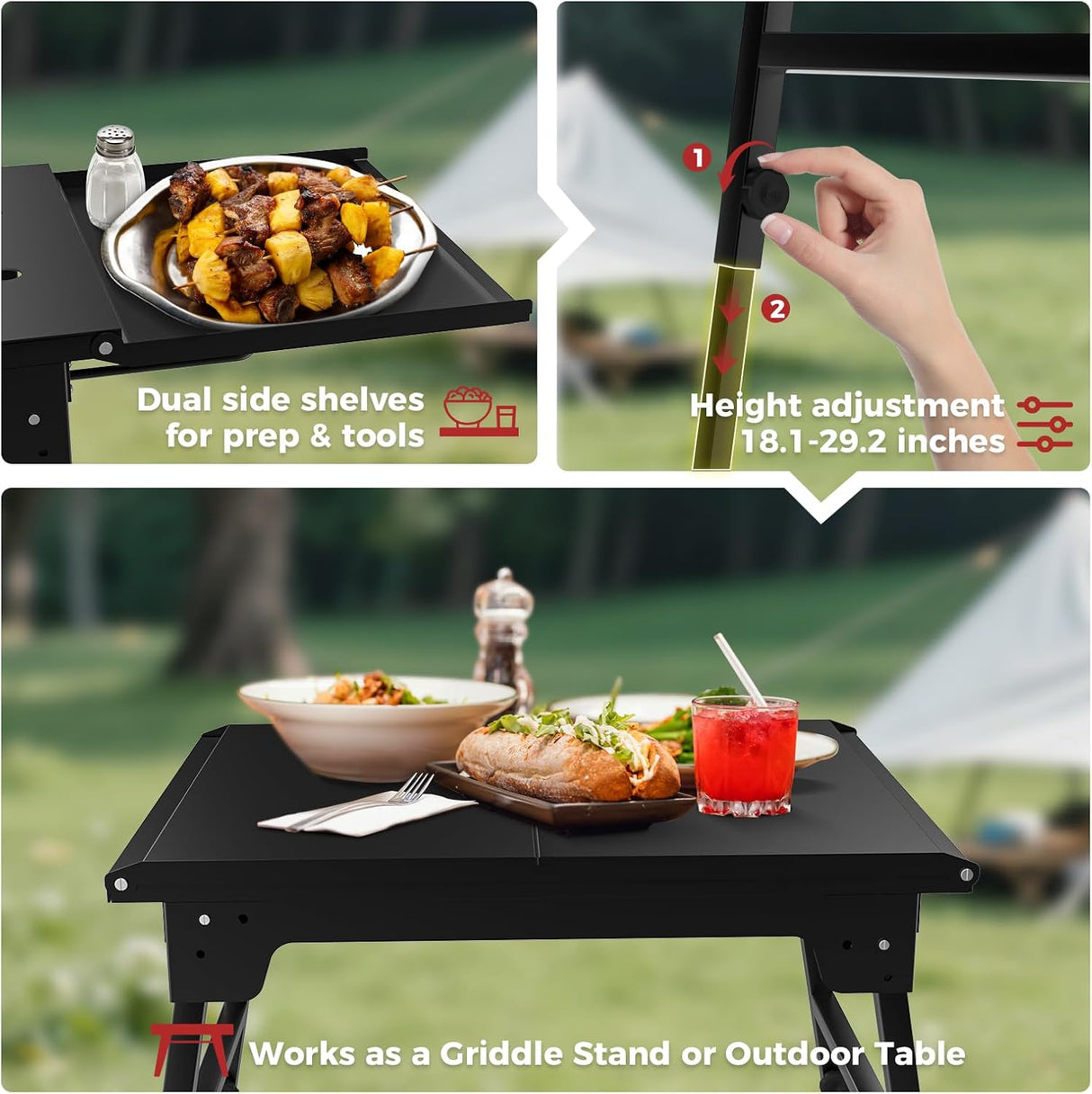 CAMPLUX Griddle Stand for 17” / 22” Tabletop Griddles, Foldable Grill Stand with Dual Side Shelves, 18.1–29.2” Adjustable Height, Anti-Rust Outdoor Griddle Table for Camping & Tailgating - Xtrusion Overland