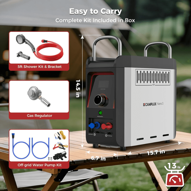 CAMPLUX Nano 3 Portable Propane Water Heater with Pump Kit, Compact & Lightweight Design, Quick Connect Pump Cables & Extension Hoses, Outdoor Camping Shower for Off-Grid Cabin, Hiking, RV - Xtrusion Overland