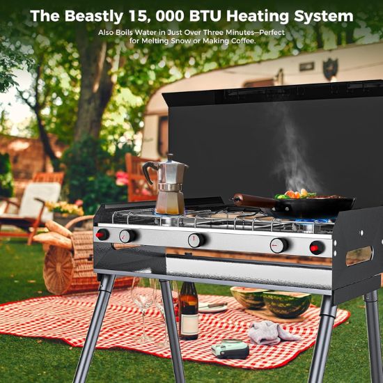Camplux Propane Camping Stove 2 Burners & 1 Grill, 15,000 BTU Auto-Ignition, Black - Xtrusion Overland