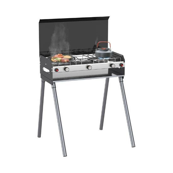 Camplux Propane Camping Stove 2 Burners & 1 Grill, 15,000 BTU Auto-Ignition, Black - Xtrusion Overland