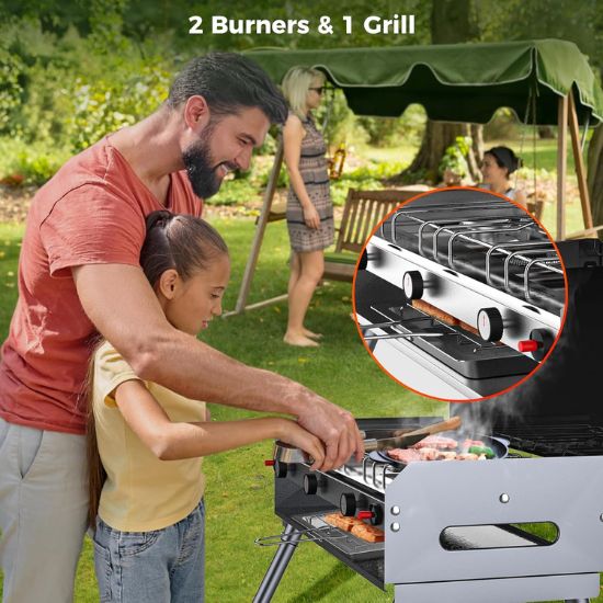 Camplux Propane Camping Stove 2 Burners & 1 Grill, 15,000 BTU Auto-Ignition, Black - Xtrusion Overland