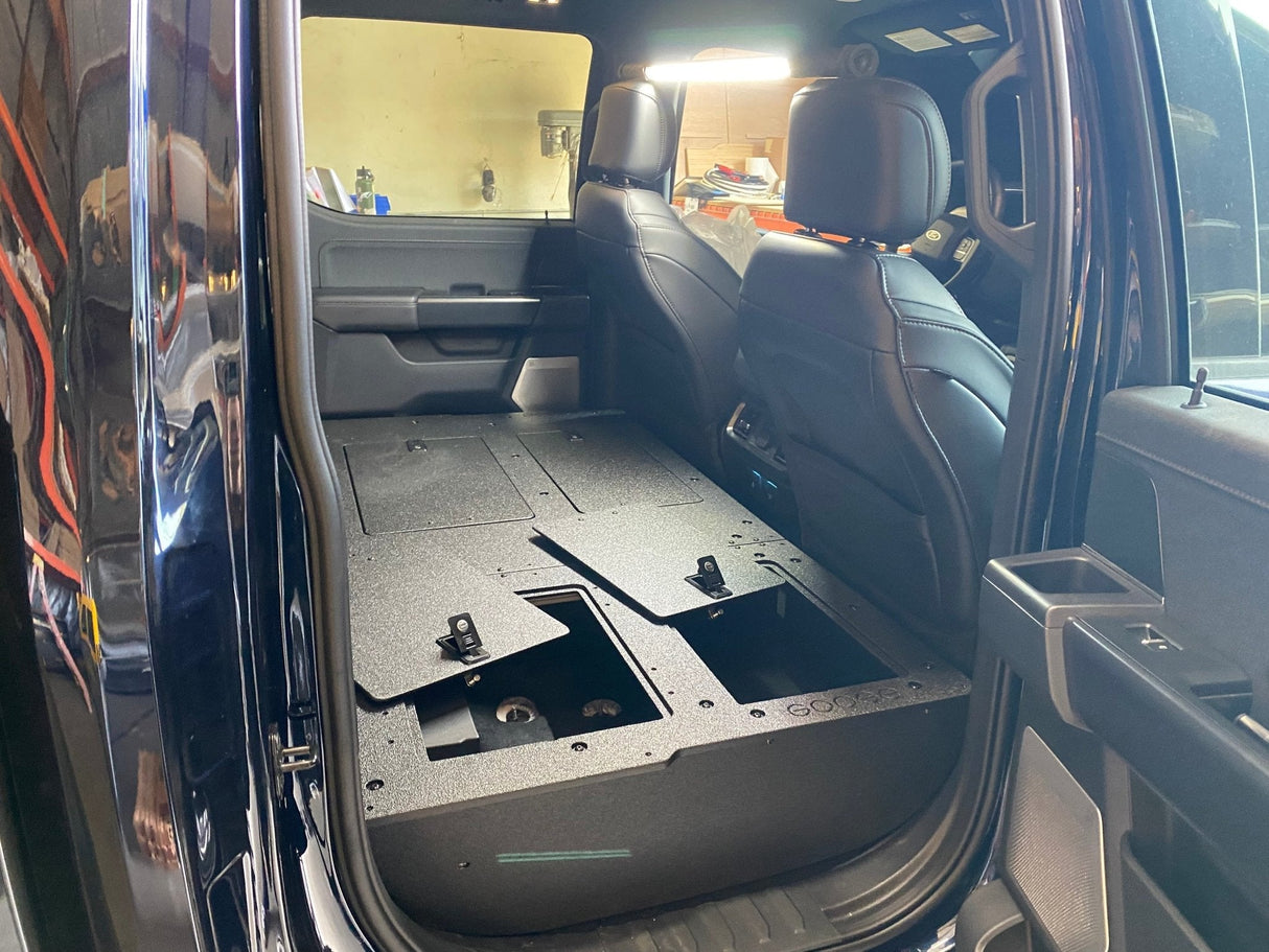 Ford - F150 2021 - Present - 14th Gen. SuperCrew - Second Row Seat Delete Plate System with Factory B&O Subwoofer Center Wall with Exterior Port - Xtrusion Overland