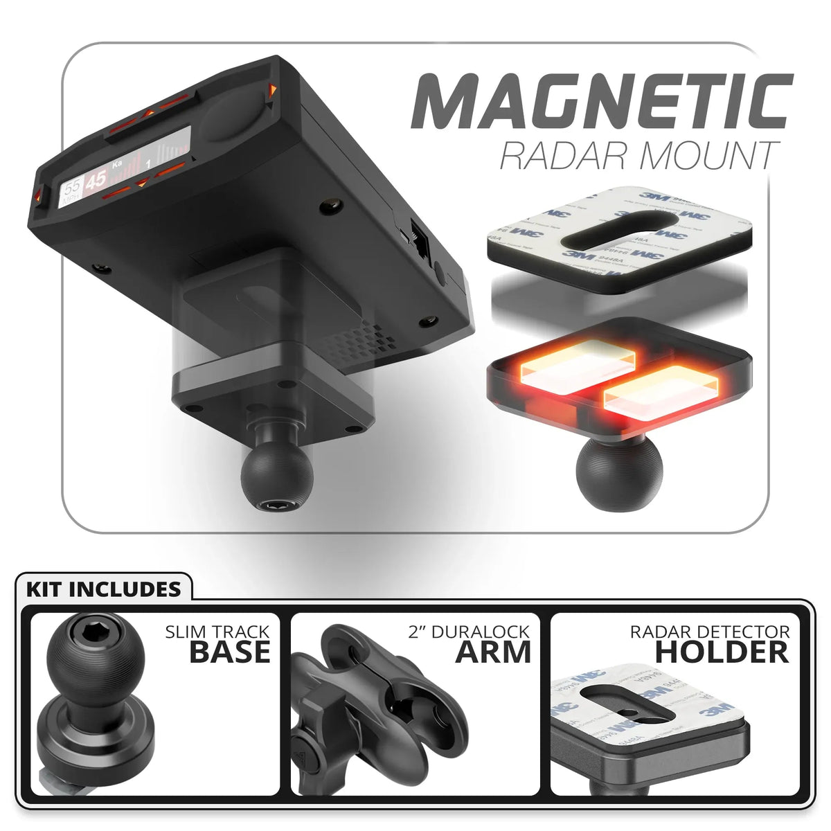 Magnetic Radar Detector Mount | Slim Track Base | 2" DuraLock Arm - Xtrusion Overland