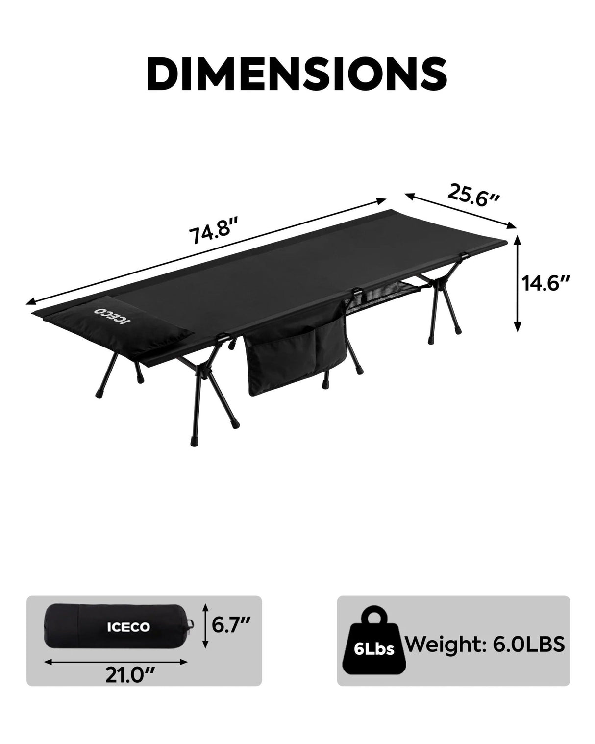 Portable L Size Camping Cot in Black | ICECO - Xtrusion Overland