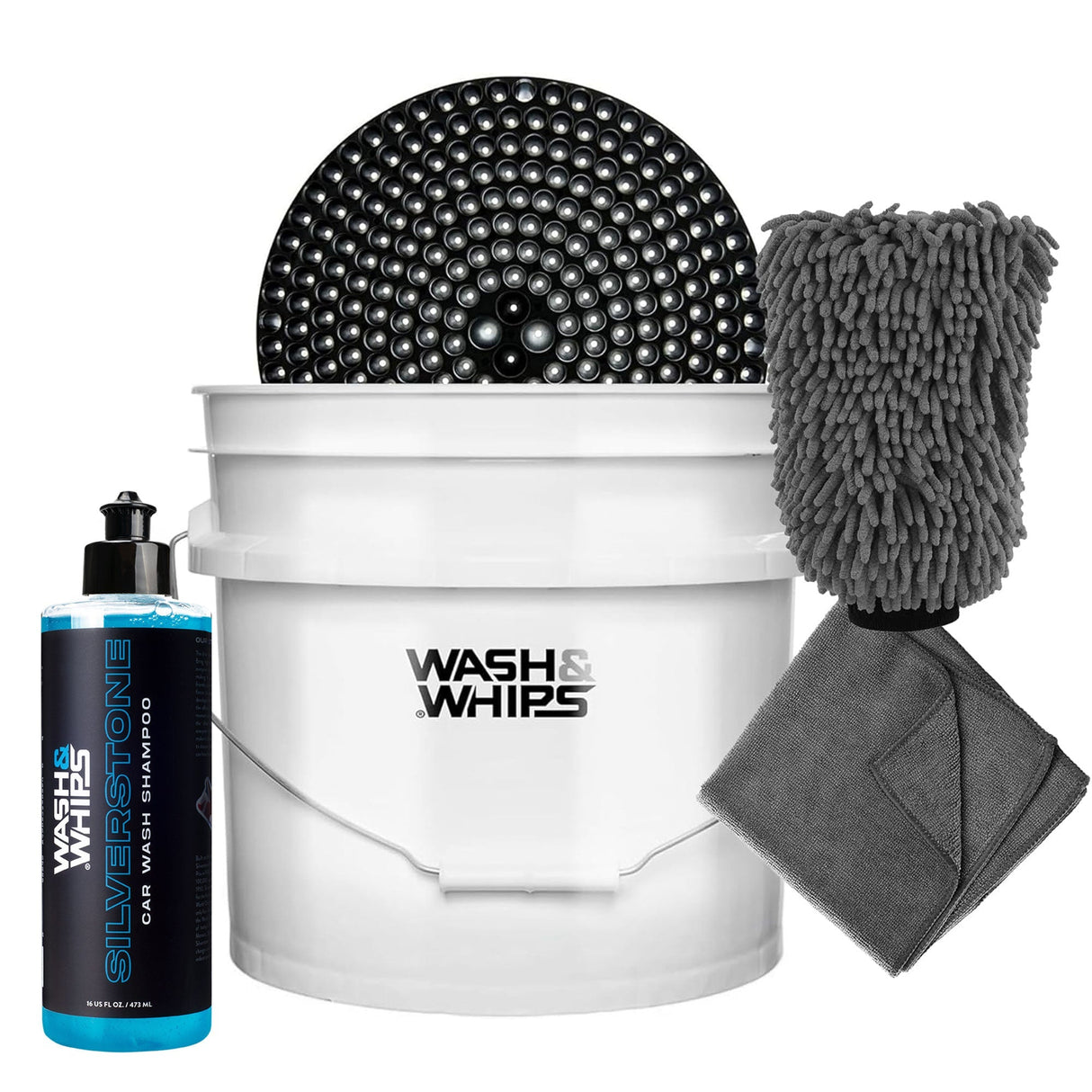 WASH & WHIPS Car Wash Kit - 3-Gallon Bucket with Particle Interceptor Trap, Shampoo, Chenille Mitt & Microfiber Soft Towel, 5pcs - Xtrusion Overland