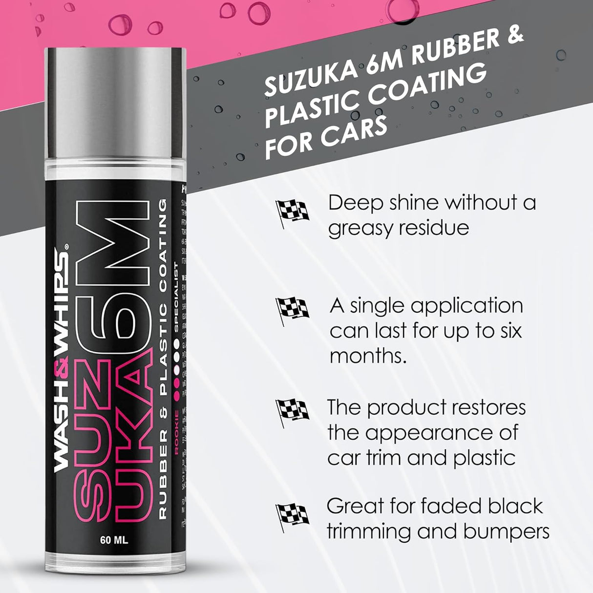 WASH&WHIPS Suzuka 6M Rubber & Plastic Coating for Cars, Restores and Brings Back Black - Concentrated Formula Non-Greasy, 60ml - Xtrusion Overland