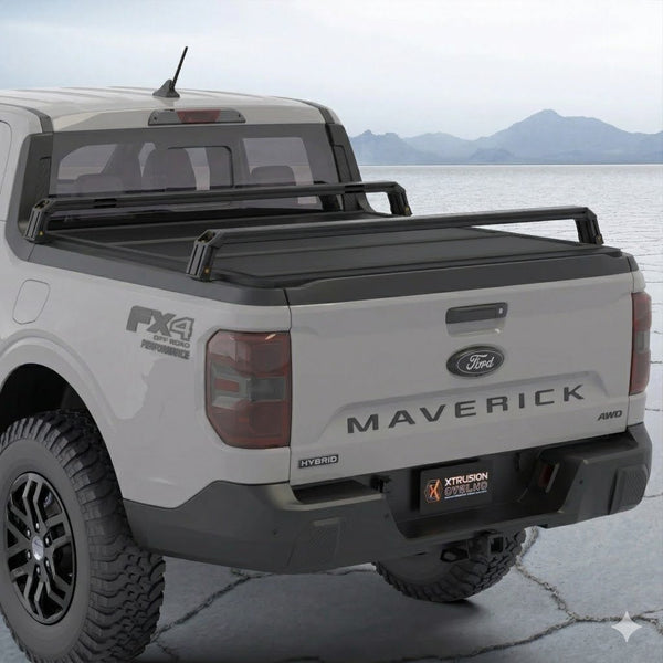 XBRS cross bars over a tonneau cover on a Ford Maverick FX4, rear three-quarter view