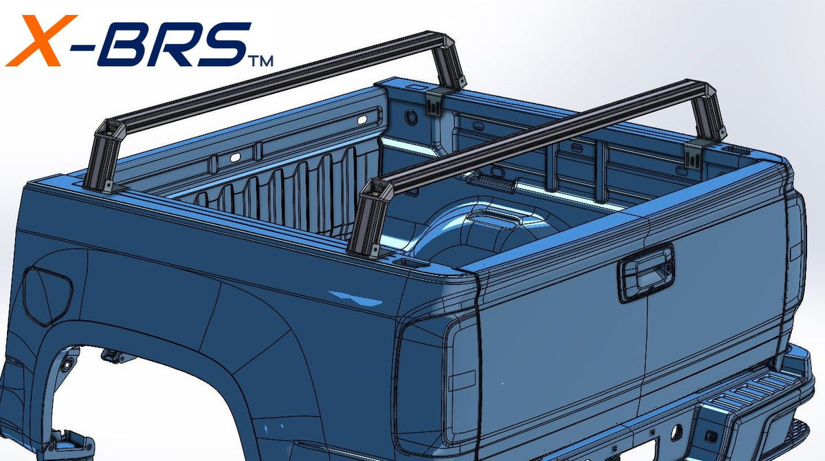 3D drawing of XBRS cross bars mounted on a Chevy Colorado / GMC Canyon truck bed