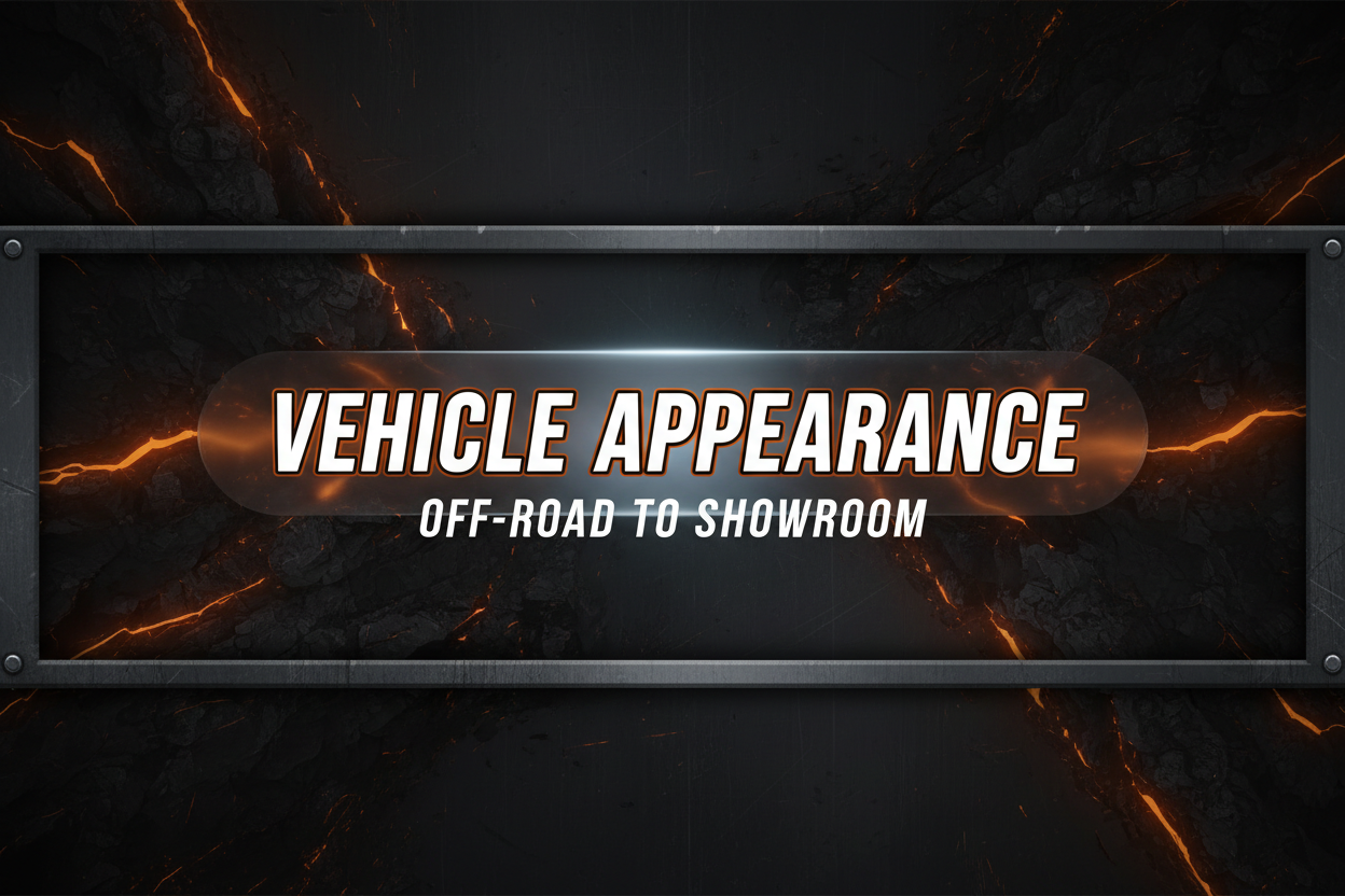 Vehicle appearance upgrades including vinyl decals, mud flaps, splash guards, exterior trim, billet tie-downs, interior trim, paint protection, and lighting accessories for trucks, Jeeps, and SUVs