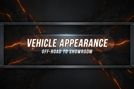 Vehicle appearance upgrades including vinyl decals, mud flaps, splash guards, exterior trim, billet tie-downs, interior trim, paint protection, and lighting accessories for trucks, Jeeps, and SUVs
