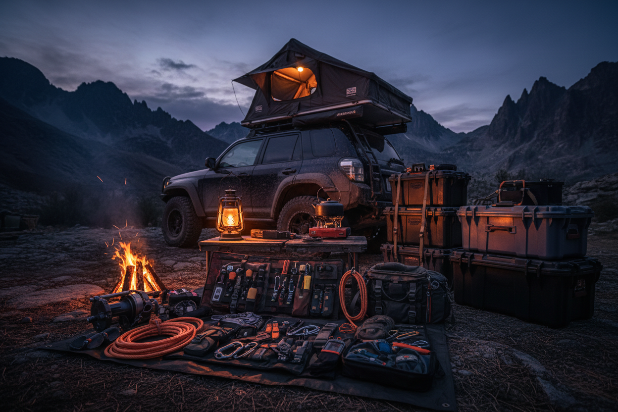 Durable black camping tent for overlanding trips