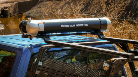 Overland truck with bed rack and gear