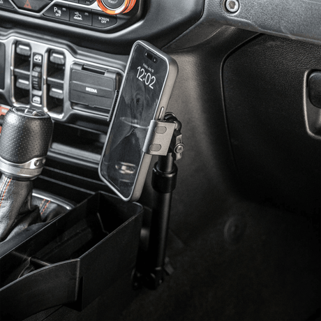2018-2026 Jeep Wrangler JL/4xe & Gladiator JT LINK™ Console Screw Mount with Qi Wireless Charging Phone Holder & Customizable LED Accent Lighting | 9.5"- 13" Telescoping Arm - Xtrusion Overland