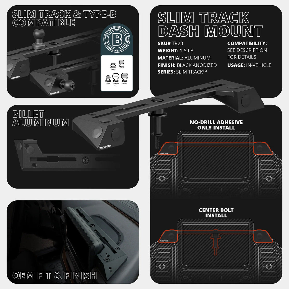 2021 - 2024 Ford Bronco SPORT Tackform Slim Track Dash Bracket - Xtrusion Overland