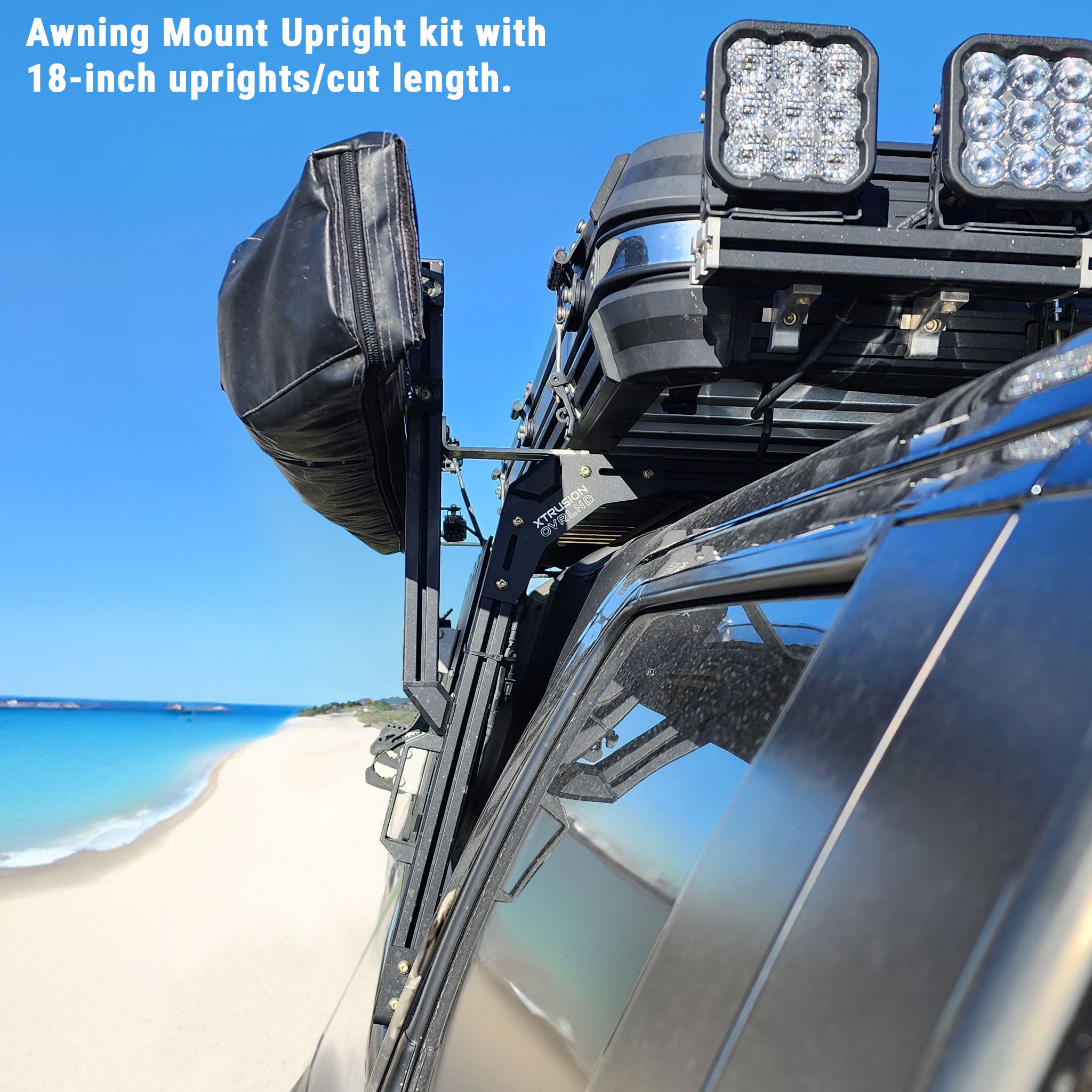 XTR Awning Mount Upright Sub-structure kit with 18-inch uprights, 270 Awning attached and on a full size truck with  13.3 degree angle XTR1 bed rack.
