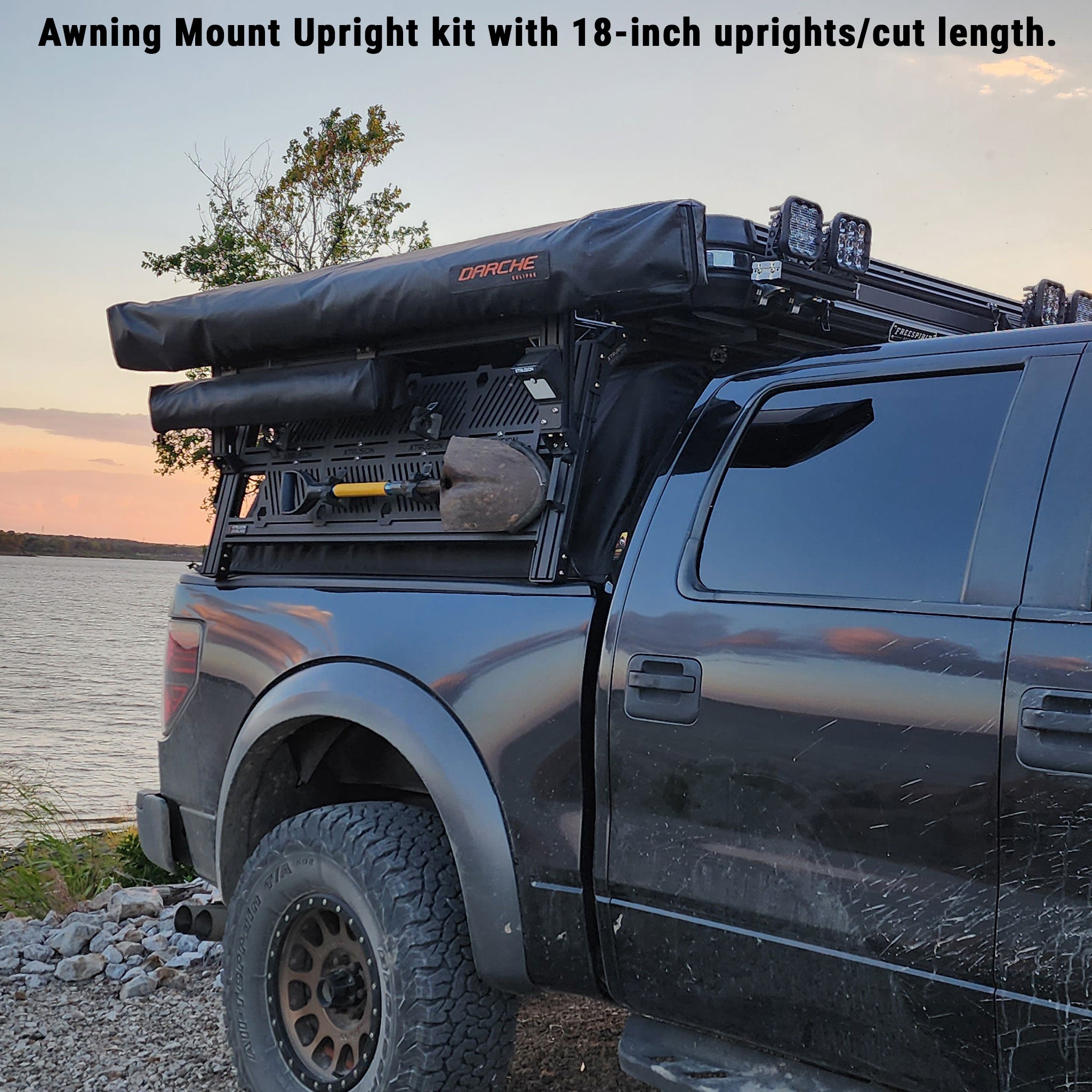 Awning Upright Sub-structure kit with 18-inch uprights, 270 Awning attached and on a full size truck with  13.3 degree angle XTR1 bed rack loaded with molle panels, shower tent, shovel, and lights.