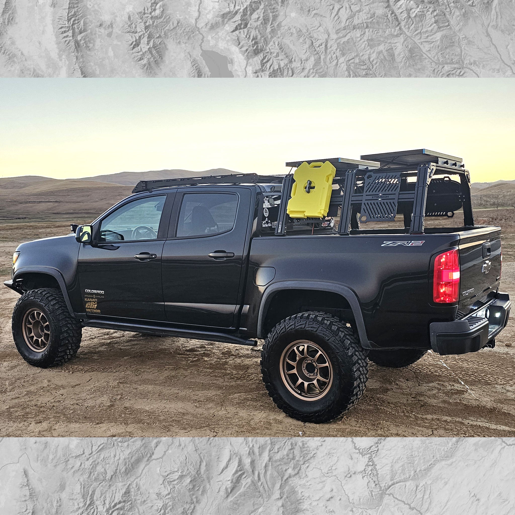 Chevy Colorado ZR2 with XTR3 Overland Bed Rack, Molles, Traction Boards, RotoPax, Awning,, and Solar panels.