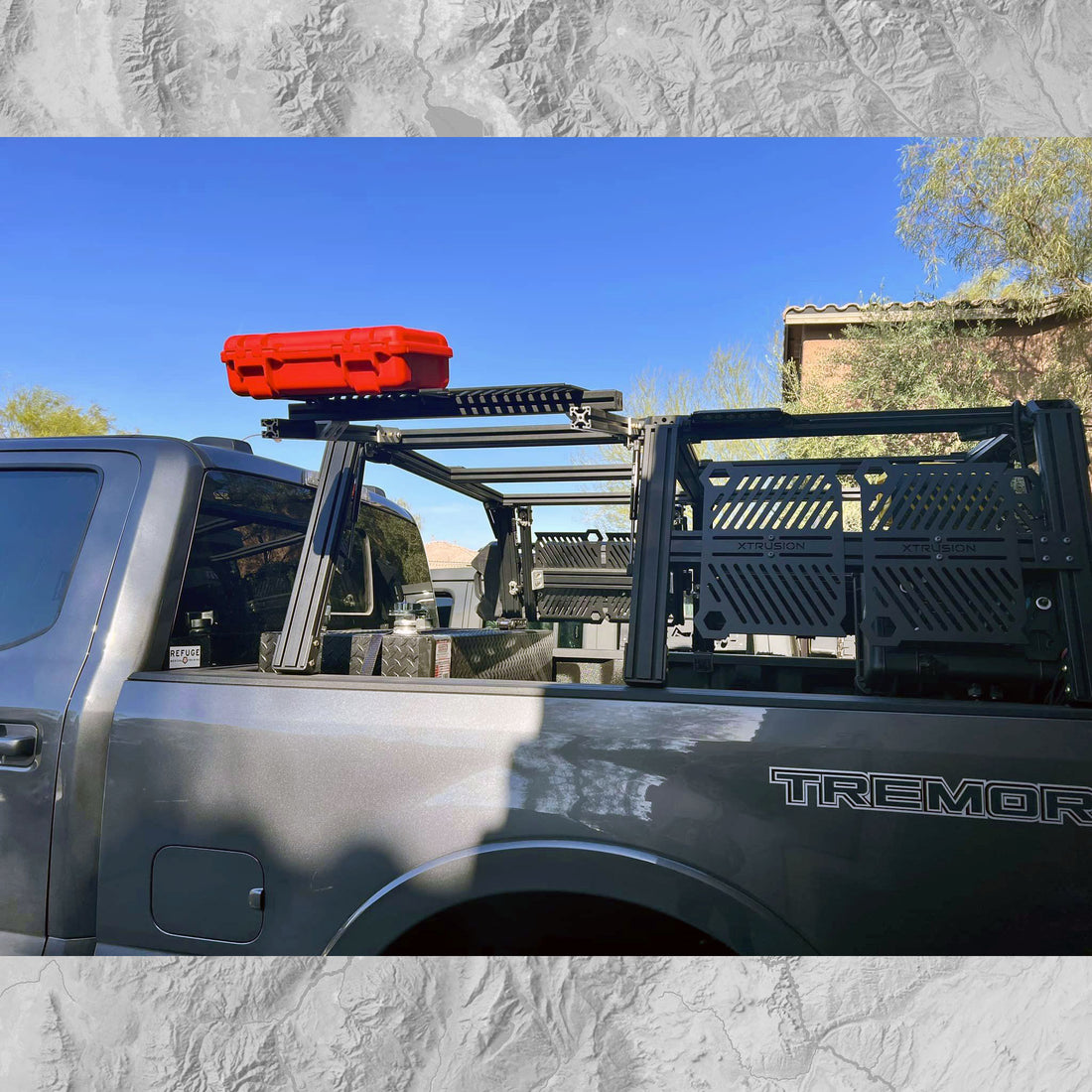 Ford F250 Superduty Tremor shown with XTR3 bed rack with open AXS access gate