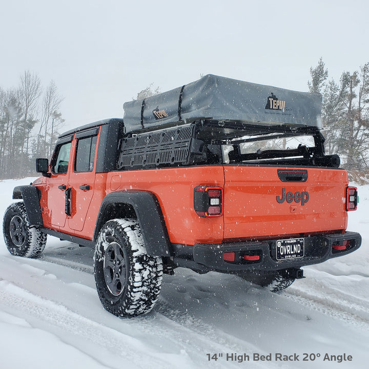 Jeep Gladiator with 20 degree angle 14 inch high Xtrusion Overland bed rack and Roof top tent