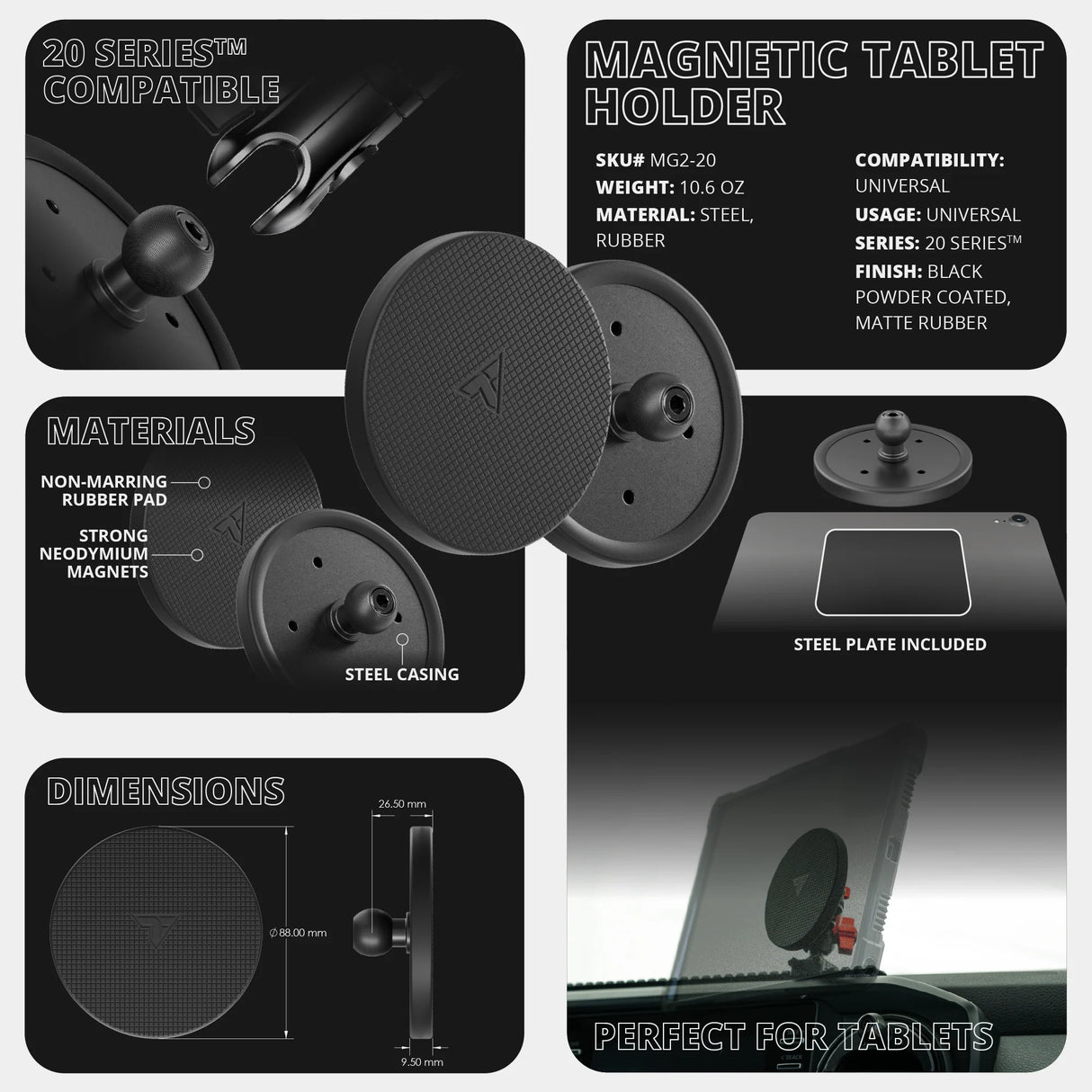 Magnetic Tablet Holder | Slim Track Base | 2" DuraLock™ Arm