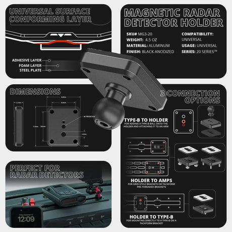 2024+ Ford F-150 (See Compatibility Info For Specific Year/Trim Fitment Details) Tackform Slim Track Dash Bracket With 20LITE Phone Mount and Magnetic Radar Detector Holder | Telescoping Arm