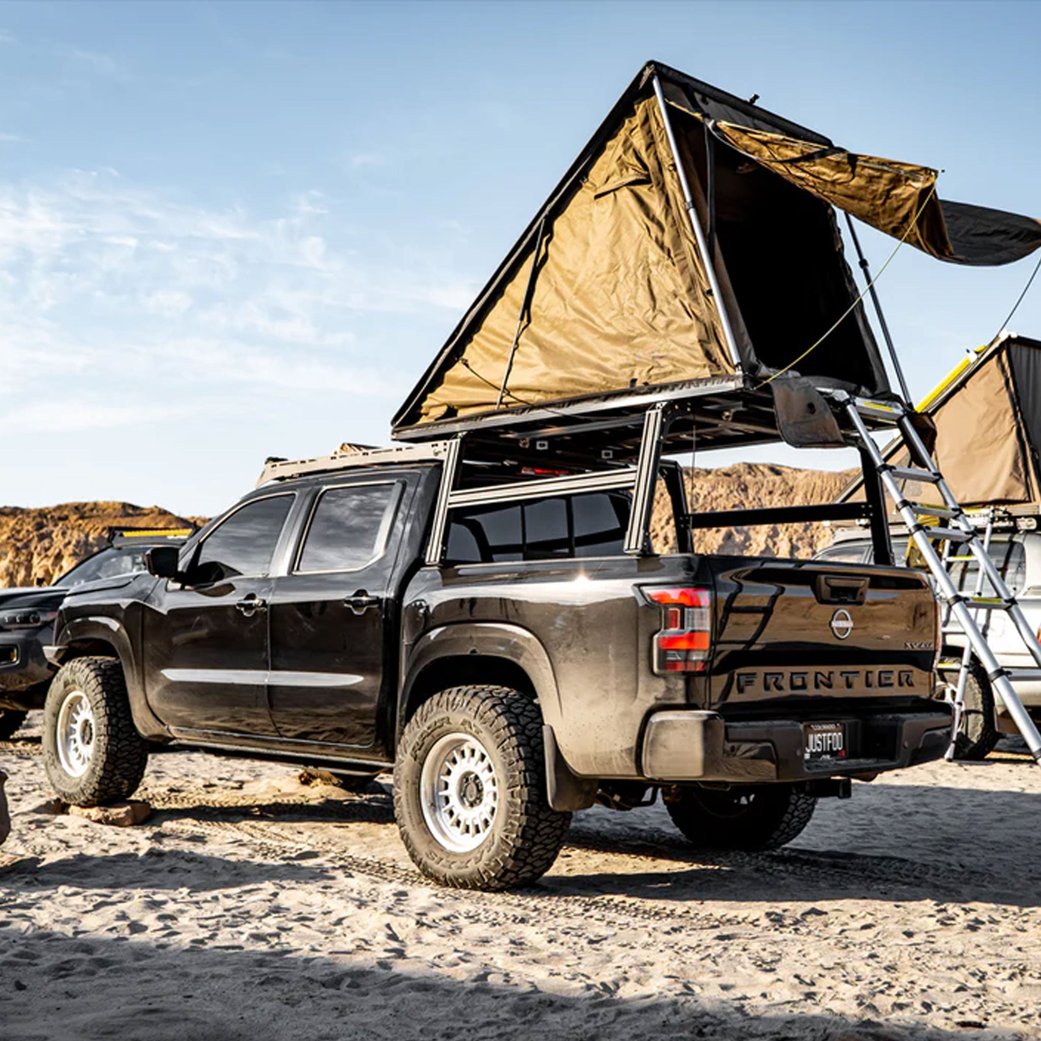 Nissan Frontier camping with XTR1 Overland bed rack and roof top tent