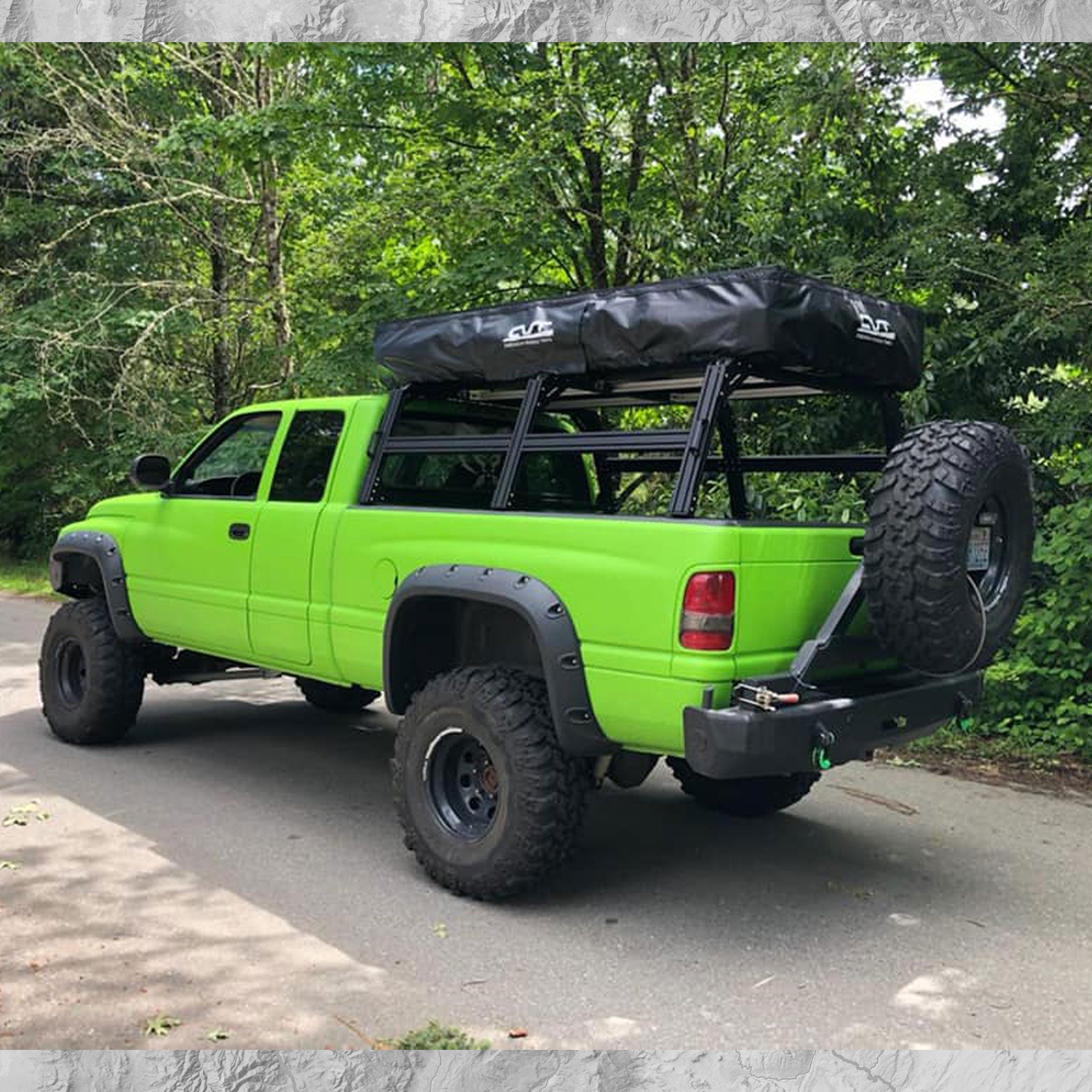 Dodge Ram with basic XRT3 bed rack and closed roof top tent