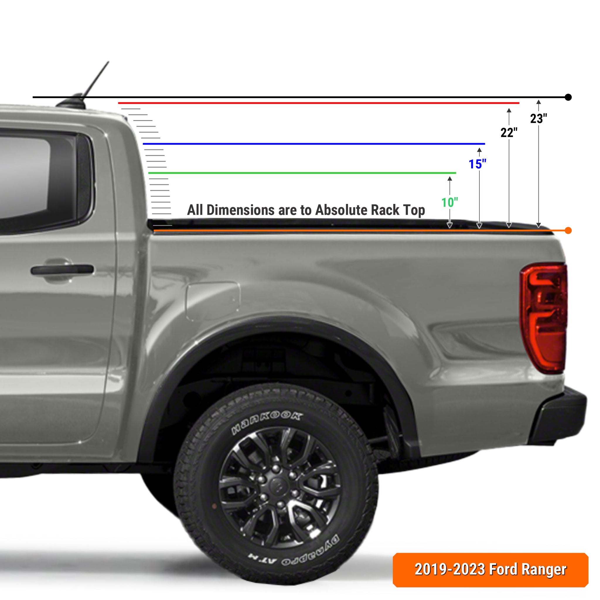 2019-2023 Ford Ranger Bed Rack Height Chart
