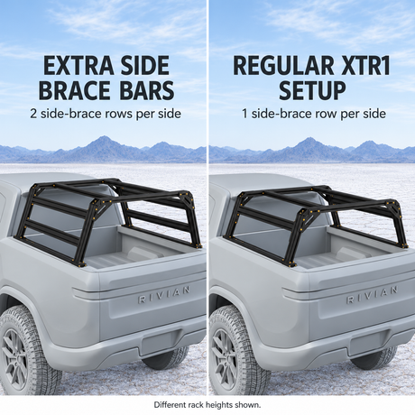 Side by side comparison of Rivan render showing XTR1 bed rack with regular set up and extra side brace bars
