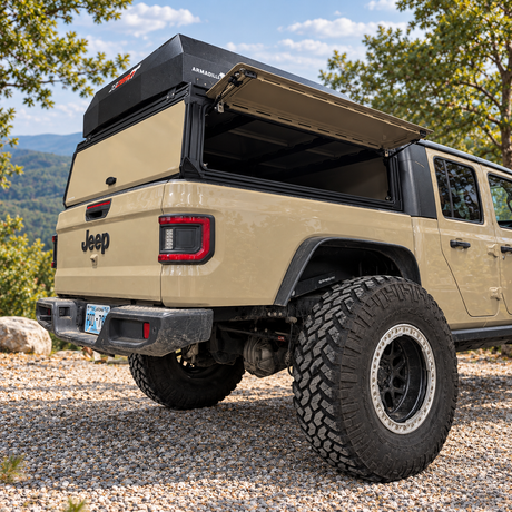 Custom tan paint on Xoskeleton truck topper with roof top tent