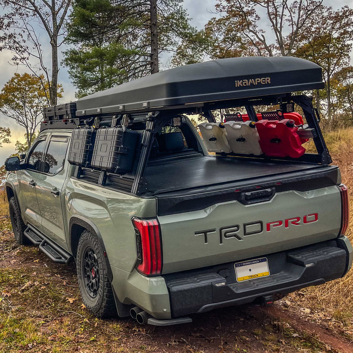 Toyota Tundra TRD Pro with XTR3 bed rack and Retrax XR Tonneau Cover, iKamper RTT, Cases, Molles, RotoPax and Traction Boards