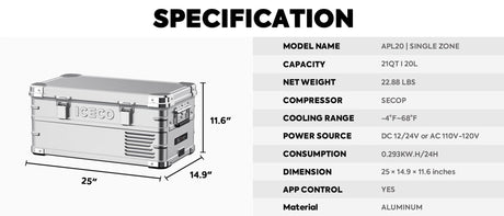 APL20 Light Duty Aluminum Freezer Single Zone | ICECO | 20 LT - Xtrusion Overland