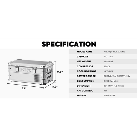 APL20 Light Duty Aluminum Silver Freezer Single Zone | ICECO | 20 LT - Xtrusion Overland