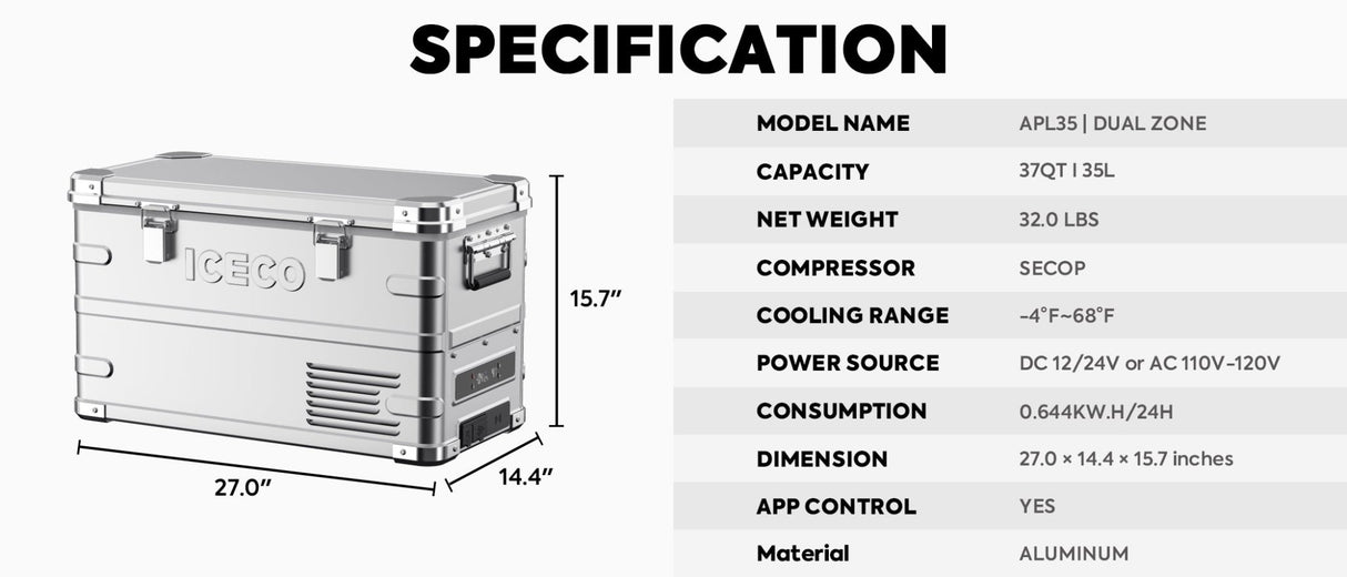 APL35 Dual Zone Aluminum Fridge refrigerator| ICECO | 35 LT - Xtrusion Overland