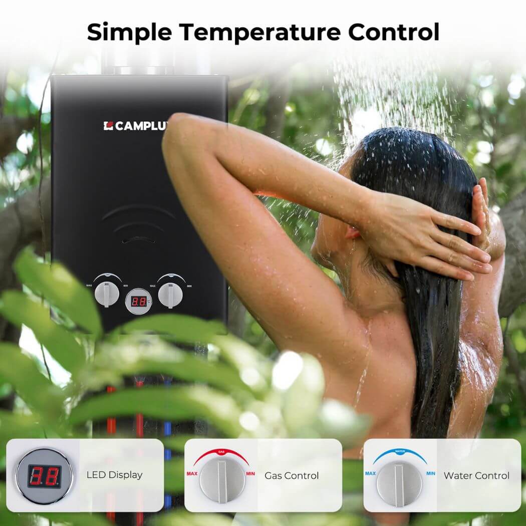 Camplux BW158BC 6L Instant Gas Water Heater with Rain Cap for Outdoor Shower Camping RV Trip Horse Washing [Energy Class A+] - Xtrusion Overland