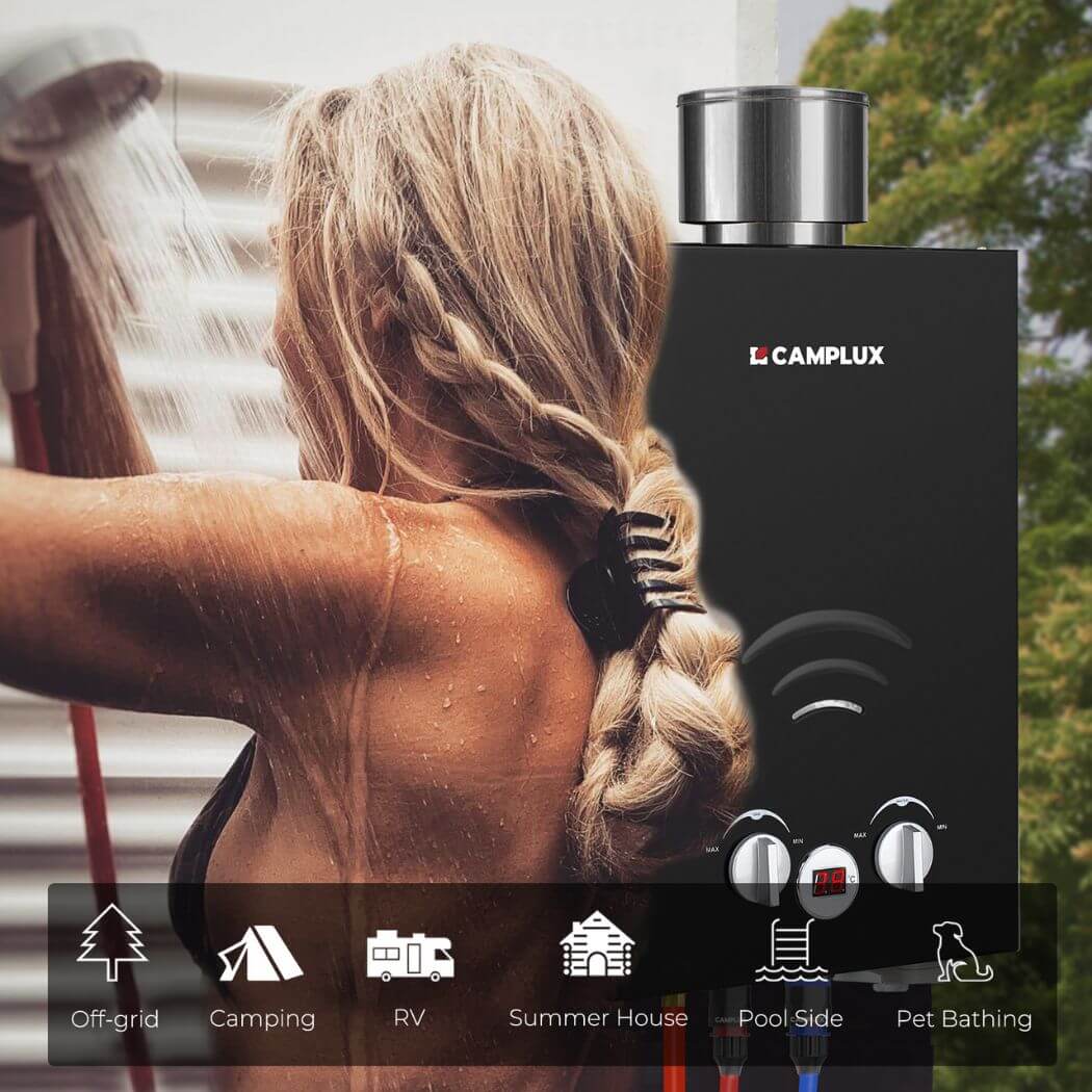 Camplux BW158BC 6L Instant Gas Water Heater with Rain Cap for Outdoor Shower Camping RV Trip Horse Washing [Energy Class A+] - Xtrusion Overland
