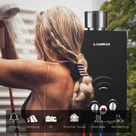 Camplux BW158BC 6L Instant Gas Water Heater with Rain Cap for Outdoor Shower Camping RV Trip Horse Washing [Energy Class A+] - Xtrusion Overland