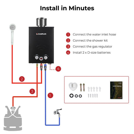 Camplux BW158BC 6L Instant Gas Water Heater with Rain Cap for Outdoor Shower Camping RV Trip Horse Washing [Energy Class A+] - Xtrusion Overland