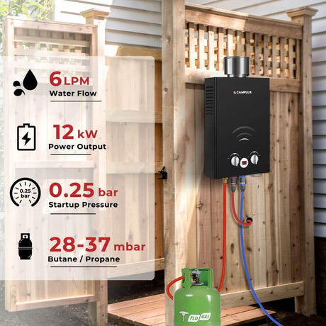 Camplux BW158BC 6L Instant Gas Water Heater with Rain Cap for Outdoor Shower Camping RV Trip Horse Washing [Energy Class A+] - Xtrusion Overland