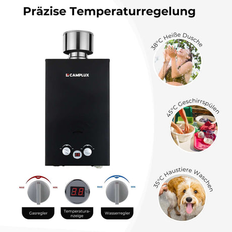 Camplux BW264BC 10 Liter Gasdurchlauferhitzer im Freien 50mbar, Tankless Gasdusche mit Edelstahl-Regenkappe, Propangas/Butangas, für Campingdusche/Wohnmobilausflug/Waschpferd - Xtrusion Overland